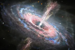 understanding-nothingness-quasar Illustration of an active quasar in a galaxy. The quasar is emitting from the centre of a spiral galaxy. The quasar is powered by material falling into the supermassive blackhole at the centre of the galaxy. This produces high energy radiation which pushes material away from the centre of the galaxy. This quasar wind propels material into the surrounding gas and dust of the galaxy which heats up, shown in blue in the spiral arms.