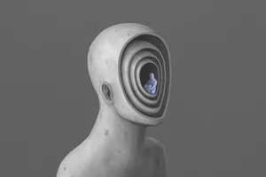 Echoist A surreal artwork representing loneliness, depression and sadness, with a small blue person crouched inside layers of a larger grey person's head.