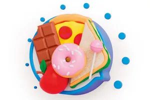food-noise Illustration of a variety of unhealthy (and healthy) food placed within a speech bubble