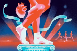 calf-heart-pump Illustration of a person standing on a podium. Their calf muscle is the highlight of the image, besides a floating human heart