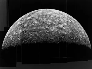 Mercury A half disk view of the planet Mercury, taken by the Mariner 10 space probe, 1974.