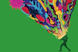 sam-falconer-immune-system-illustration A green-background illustration of a human shielding themselves from germs and disease