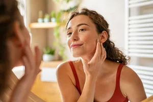 woman skin mirror young woman looks in mirror while applying skincare