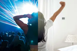 Morning larks and night owls Composite image of woman at a club at night, and waking in morning.