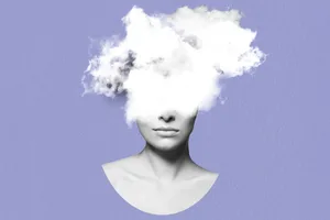 Abstract and surreal woman illustration collage with white cloud over eyes in soft blue background Fine-art, states of mind concept. Abstract and surreal woman illustration collage. Grunge and grain effect. Big white cloud covering model eyes in soft purple background