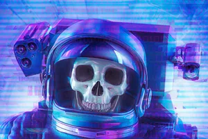 Skeleton astronaut illustration of science fiction scene with dead skull astronaut