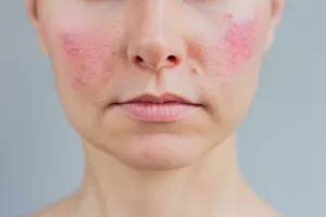 histamine-flushing Close up photo of a person's face with red cheeks. Histamine flushing