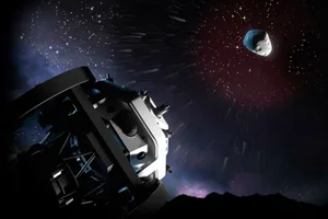 asteroid-hunters Illustration of an asteroid hurtling towards a massive telescope