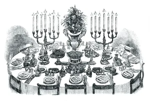 Dining table decorated for 12 persons 19th century Steel engraving of bountiful dining table for 12 persons