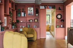 Peach bookcase by Wood Works Brighton, £8000 Small living room