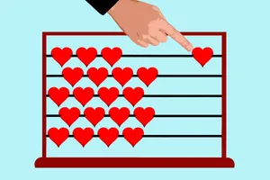 Dating expectations An illustration of a hand pushing a heart on an abacus
