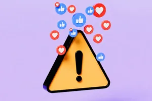 Gen Z trend A warning sign against a purple background with heart and like emojis