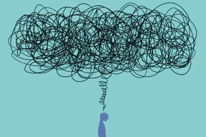 anxiety A figure with a mass of squiggly lines above its head, representing mental health issues