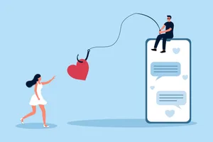 Dating red flags An illustration of a scammer sitting on an oversized phone, casting a fishing rod through a heart, while a woman reaches out towards it