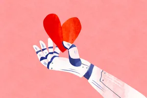 An illustration of a robot hand holding a heart An illustration of a robot hand holding a heart