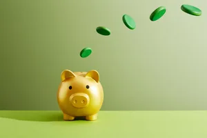 Green coins flying out of a gold piggy bank against a green background Green coins flying out of a gold piggy bank against a green background