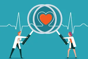 Silent health symptoms you should never ignore An illustration of a male and female doctor holding up magnifying glasses to a large heart