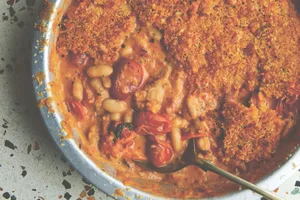 Cherry Tomato, Anchovy + White Bean Gratin