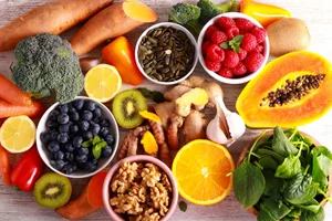 Immune-boosting foods A top-down shot of fresh, immune-boosting foods