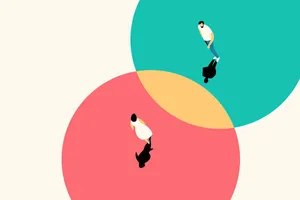 How to save your relationship A man and a woman walking in two different coloured, overlapping circles