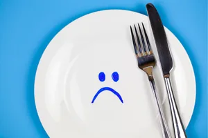 Worst foods for cholesterol Unhappy face on a white plate with cutlery against a blue background