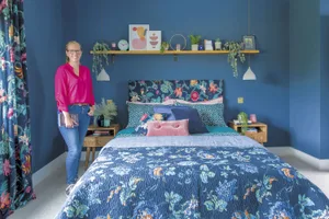 After months of building work on her two-storey extension, Becky got busy designing her brand-new bedroom with a deep blue colour scheme and vibrant floral velvets After months of building work on her two-storey extension, Becky got busy designing her brand-new bedroom with a deep blue colour scheme and vibrant floral velvets