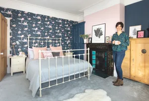 Cole & Son’s flamingo wallpaper takes centre stage in Rachel’s new bedroom, and the navy and pink palette has been echoed throughout the room to give it a cohesive feel Bedroom makeover: 'Reusing old furniture kept our costs down'