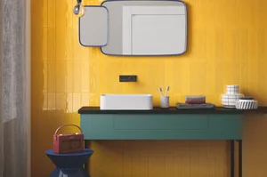 Colour-block with a bold feature wall of tiling – pictured here from the Salerno collection, £59.40 per sq. m, from Stone & Ceramic Warehouse – then choose bold tones in chunky shapes for retro contrast. Globe bulbs that hang low will also add to the vibe Colour-block with a bold feature wall of tiling – pictured here from the Salerno collection, £59.40 per sq. m, from Stone & Ceramic Warehouse – then choose bold tones in chunky shapes for retro contrast. Globe bulbs that hang low will also add to the vibe