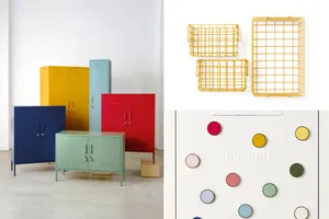 The Mustard sale includes baskets, buttons, and the brand's iconic original lockers The Mustard sale includes baskets, buttons, and the brand's iconic original lockers