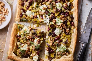 Leek, bean, walnut and goats’ cheese tart