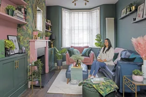 Miriam Faber’s home Miriam chose a deep green and blush pink colour scheme with tropical prints to give her living room a much-needed personality boost