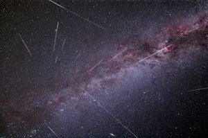 A composite image showing the peak of the Perseid Meteor shower, 12-13 August 2023, captured by Greg Meyer from Phoenix, Arizona, USA. Taken with a Canon Rebel and 14mm Rokinon lens at 2.8, ISO 1600, 90 sec exposures on a Star-Adventurer Star Tracker. A composite image showing the peak of the Perseid Meteor shower, 12-13 August 2023, captured by Greg Meyer from Phoenix, Arizona, USA. Taken with a Canon Rebel and 14mm Rokinon lens at 2.8, ISO 1600, 90 sec exposures on a Star-Adventurer Star Tracker.
