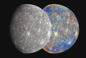 A view of Mercury captured by NASA’s MESSENGER spacecraft. Left is an approximation of the planet’s true colour. Right is an image produced using all 11 filters on the spacecraft in visible and near-infrared to highlight subtle colour differences and the planet’s geology. These images were captured on 6 October 2008. Credit: NASA/Johns Hopkins University Applied Physics Laboratory/Carnegie Institution of Washington A view of Mercury captured by NASA’s MESSENGER spacecraft. Left is an approximation of the planet's true colour. Right is an image produced using all 11 filters on the spacecraft in visible and near-infrared to highlight subtle colour differences and the planet's geology. These images were captured on 6 October 2008. Credit: NASA/Johns Hopkins University Applied Physics Laboratory/Carnegie Institution of Washington