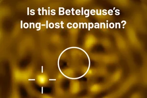 Image captured with the Very Large Telescope showing what’s strongly predicted to be Betelgeuse B, the companion star to the red supergiant Betelgeuse. The size of Betelgeuse is circled (with the star removed from the image). The cross pinpoints the suspected Betelgeuse B. Credit: ESO/M. Montargès et al. Image captured with the Very Large Telescope showing what's strongly predicted to be Betelgeuse B, the companion star to the red supergiant Betelgeuse. The size of Betelgeuse is circled (with the star removed from the image). The cross pinpoints the suspected Betelgeuse B. Credit: ESO/M. Montargès et al.