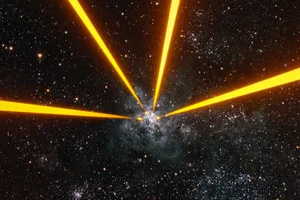 Beams from lasers installed on European Space Telescope’s Very Large Telescope Interferometer, fired at the Tarantula Nebula. Credit: A. Berdeu/ESO Beams from lasers installed on European Space Telescope's Very Large Telescope Interferometer, fired at the Tarantula Nebula. Credit: A. Berdeu/ESO