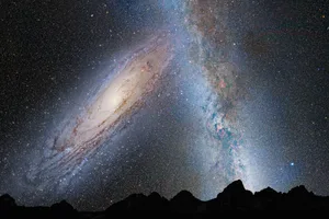 A simulation showing Earth’s night sky in 3.75 billion years as Andromeda collides with the Milky Way. Credit: NASA; ESA; Z. Levay and R. van der Marel, STScI; T. Hallas; and A. Mellinger A simulation showing Earth’s night sky in 3.75 billion years as Andromeda collides with the Milky Way. Credit: NASA; ESA; Z. Levay and R. van der Marel, STScI; T. Hallas; and A. Mellinger