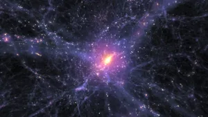 This visualisation shows galaxies, composed of gas, stars and dark matter, colliding and forming filaments in the Cosmic Web. Credit: AVL at NCSA, University of Illinois This visualisation shows galaxies, composed of gas, stars and dark matter, colliding and forming filaments in the Cosmic Web. Credit: AVL at NCSA, University of Illinois