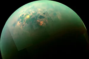 An infrared view of the Saturn moon Titan showing sunlight reflected off its polar lakes. Credits: NASA/JPL-Caltech/Univ. Arizona/Univ. Idaho An infrared view of the Saturn moon Titan showing sunlight reflected off its polar lakes. Credits: NASA/JPL-Caltech/Univ. Arizona/Univ. Idaho
