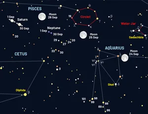Chart showing the location of Neptune’s location in September 2026, to the west-southwest of Saturn. Credit: Pete Lawrence Chart showing the location of Neptune’s location in September 2026, to the west-southwest of Saturn. Credit: Pete Lawrence