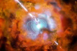 Artist’s impression of a supernova and associated gamma-ray burst driven by a rapidly spinning neutron star. Credit: Center for Astrophysics | Harvard & Smithsonian (CfA) Artist's impression of a supernova and associated gamma-ray burst driven by a rapidly spinning neutron star. Credit: Center for Astrophysics | Harvard & Smithsonian (CfA)