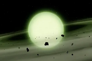 Artist’s impression of cool white dwarf WDJ1330+6435, which has accreted sodium-rich rocky material from its planetary system into its atmosphere. Its atmospheric density causes it to glow green. Credit: Mark A. Garlick/University of Warwick Artist's impression of cool white dwarf WDJ1330+6435, which has accreted sodium-rich rocky material from its planetary system into its atmosphere. Its atmospheric density causes it to glow green. Credit: Mark A. Garlick/University of Warwick