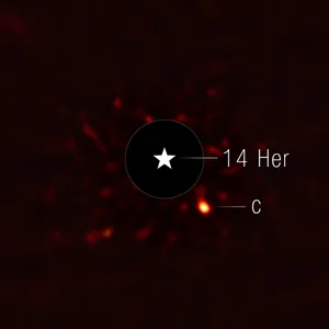 James Webb Space Telescope direct image of exoplanet 14 Herculis c. Credit: NASA, ESA, CSA, STScI, William Balmer (JHU), Daniella Bardalez Gagliuffi (Amherst College) James Webb Space Telescope direct image of exoplanet 14 Herculis c. Credit: NASA, ESA, CSA, STScI, William Balmer (JHU), Daniella Bardalez Gagliuffi (Amherst College)