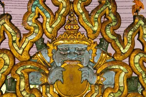 Thailand: A representation of Rahu, Snake Demon and causer of solar and lunar eclipses, Wat Pong Sanuk Tai, Lampang, Lampang Province, northern Thailand In Hindu mythology, Rahu is a snake that swallows the Sun or the Moon, causing eclipses. Credit: Pictures from History / Getty Images