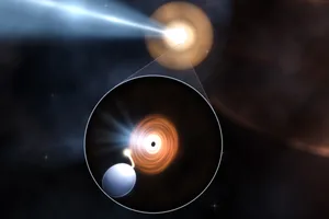 Artist’s impression of IRAS 18293−0941. A massive star and a black hole orbit each other. Material from the star is accreted around the black hole, then fired through two jets at three-quarters the speed of light. The jet on the left is aimed almost at Earth. Credit: B. Marcote (JIVE/ASTRON). Artist’s impression of IRAS 18293−0941. A massive star and a black hole orbit each other. Material from the star is accreted around the black hole, then fired through two jets at three-quarters the speed of light. The jet on the left is aimed almost at Earth. Credit: B. Marcote (JIVE/ASTRON).