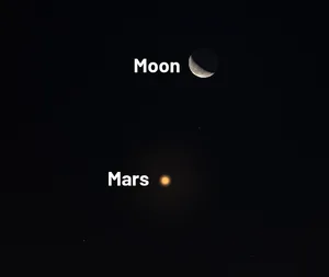 Mars meets the crescent Moon in the early hours of 5 October 2026. Credit: Stellarium Mars meets the crescent Moon in the early hours of 5 October 2026. Credit: Stellarium