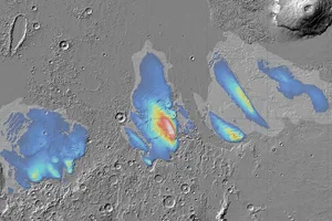 Map showing the thickness of a deposit thought to be water ice at Mars’s equator in the Medusae Fossae Formation, captured by ESA’s Mars Express orbiter. Credit: ESA Map showing the thickness of a deposit thought to be water ice at Mars's equator in the Medusae Fossae Formation, captured by ESA's Mars Express orbiter. Credit: ESA
