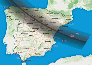 Map showing the path of the total solar eclipse across Spain and Portugal, 12 August 2026. Credit: BBC Sky at Night Magazine / Paul Wootton Map showing the path of the total solar eclipse across Spain and Portugal, 12 August 2026. Credit: BBC Sky at Night Magazine / Paul Wootton