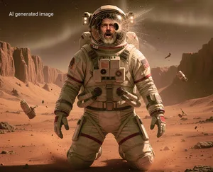 Illustration of an astronaut in trouble on the surface of Mars created by Gemini AI Illustration of an astronaut in trouble on the surface of Mars created by Gemini AI