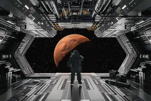 Artist’s impression of an astronaut observing Mars from a spaceship hangar. Credit: Daniel Megias / Getty Images Artist's impression of an astronaut observing Mars from a spaceship hangar. Credit: Daniel Megias / Getty Images