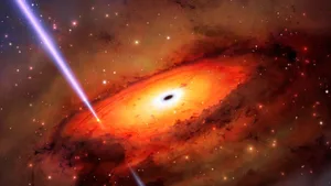 Artist’s impression of a gamma ray burst near a galaxy’s central supermassive black hole. Credit: International Gemini Observatory/NOIRLab/NSF/AURA/M. Garlick/M. Zamani Artist's impression of a gamma ray burst near a galaxy's central supermassive black hole. Credit: International Gemini Observatory/NOIRLab/NSF/AURA/M. Garlick/M. Zamani
